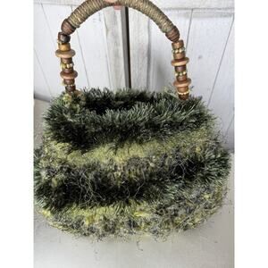 Vintage Hand Knit Hobo Hippie Shades Of Green Unique Top Handle Mini Tote Bag